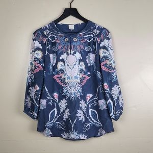 Ecru 100% Silk Floral Blouse Size Small